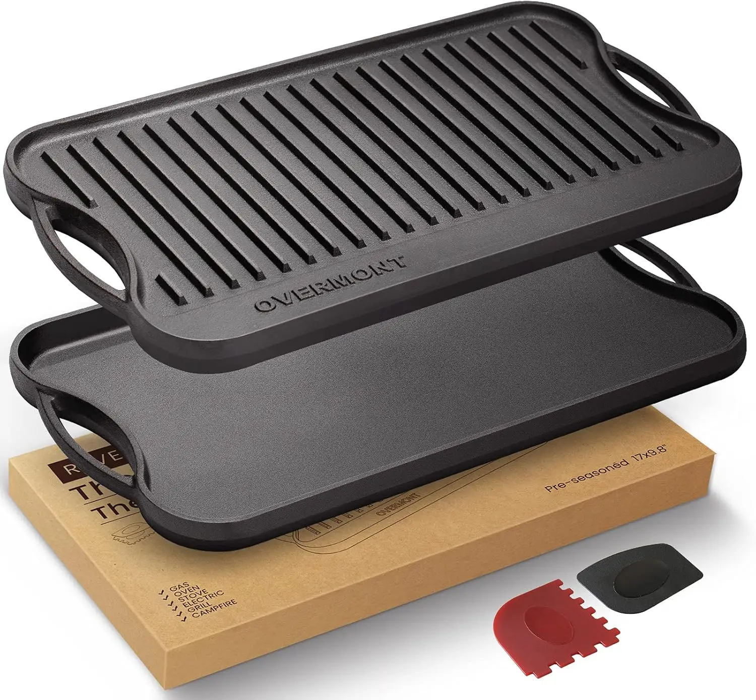 

Pre-seasoned 17x9.8" Cast Iron Reversible Griddle Grill Pan with handles for Gas Stovetop Open Fire Oven, One tray, Scr