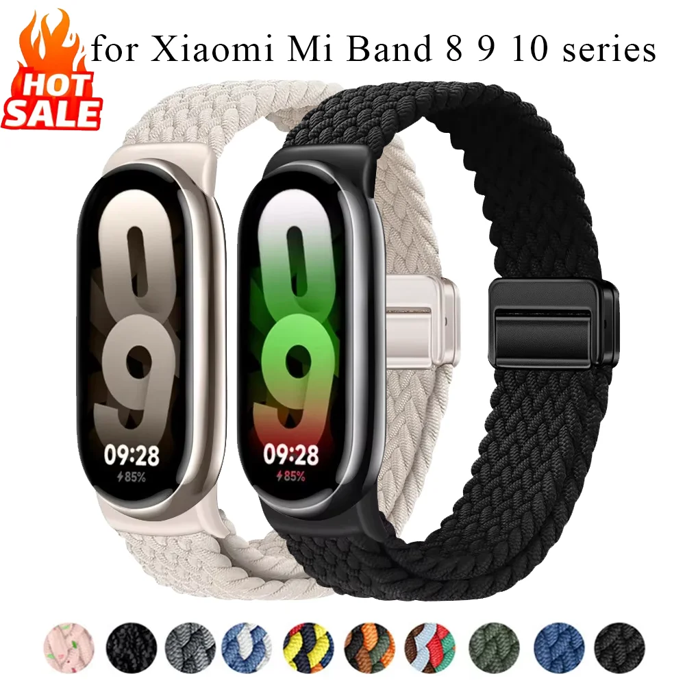 Магнитный плетеный ремешок для Xiaomi Mi Band 10 9 8, дышащий браслет-ремешок для смарт-браслетов Xiaomi 10 9 8