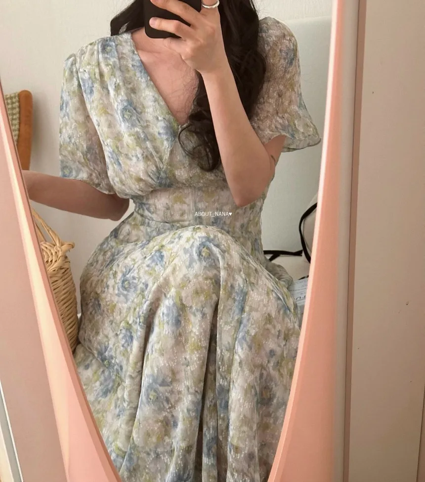 

2Colors Floral Print Short sleeve Fairy Dress Women 2025 Summer V Neck Fashion Ladies Beach Chiffon Long Dresses Vestidos(JJ8003