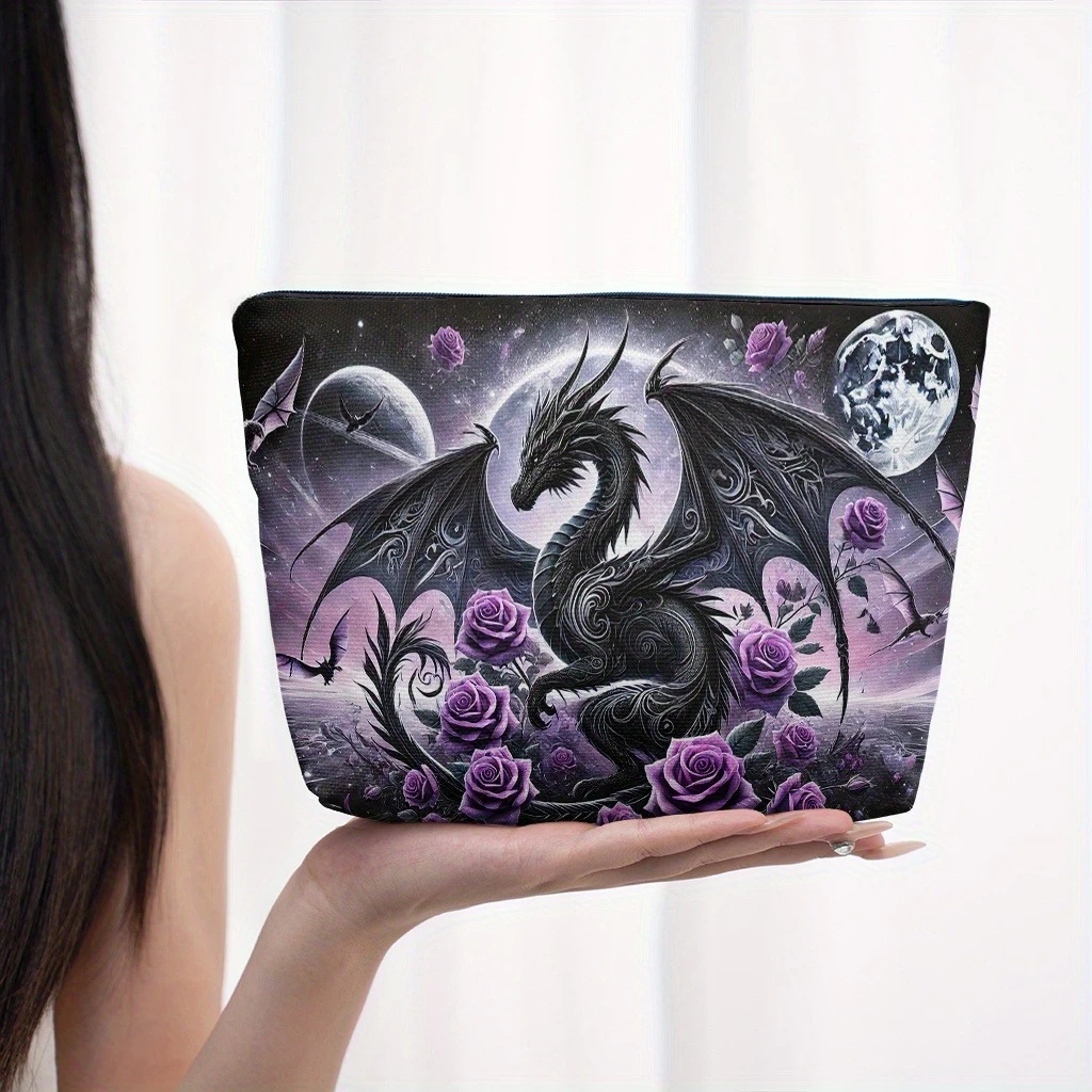 Dragon And Purple Roses Lightweight Foldable Makeup Bag, Travel Toiletry Pouch, Zipper Closure, Gift for Women