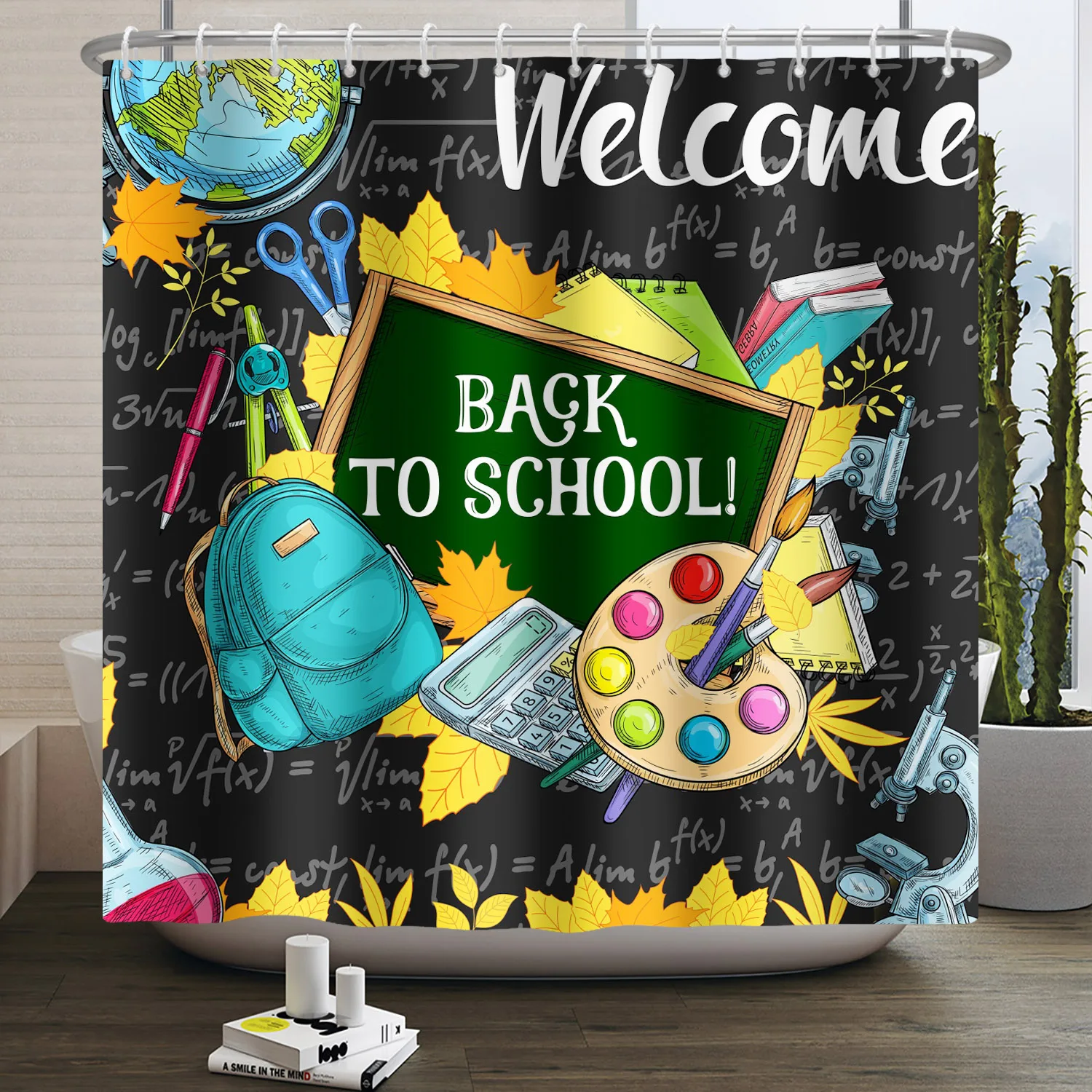 Back To School Shower Curtain Backpack Clock Globe Black Blackboard Pencil Bath Partition Waterproof Hanging Curtain With Hooks