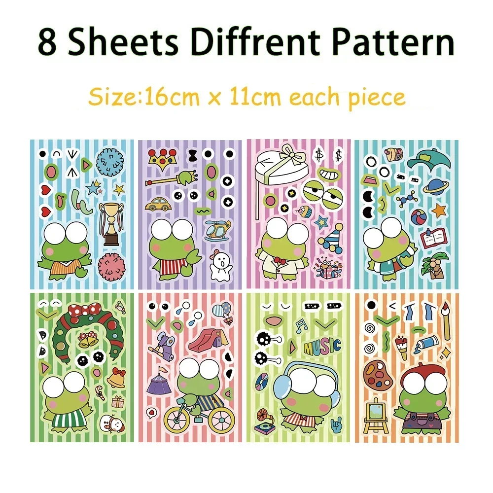 8/16 hojas de pegatinas de rompecabezas Kero Keroppi, diversión para niños, juguete de animales DIY, pegatina de rana de dibujos animados para montar en la cara ﻿