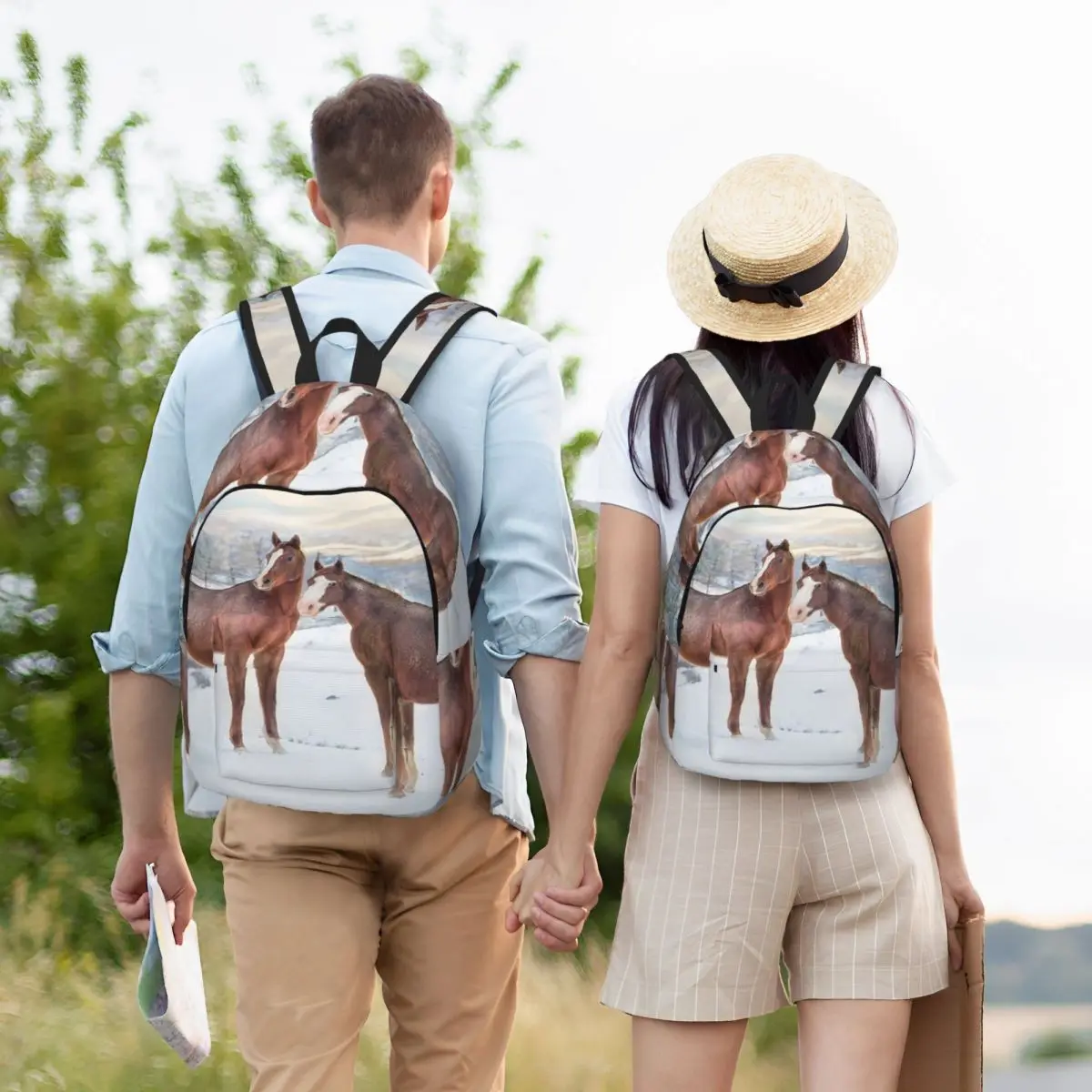 Horses With Snow And Sunset Hills Student Backpack School Bag Hiking Travel Daypack for Men Women Bookbag Shoulder Bags