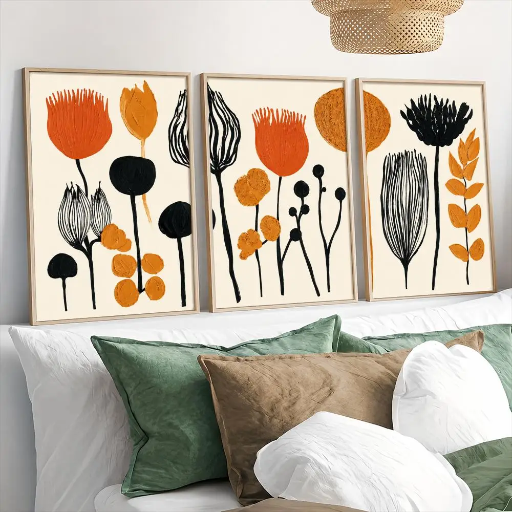 Minimalist Orange Black Botanical Flowers Painting Calligraphy 3 PCS Canvas Wall Art Prints for Living Room Decor Wall Decals