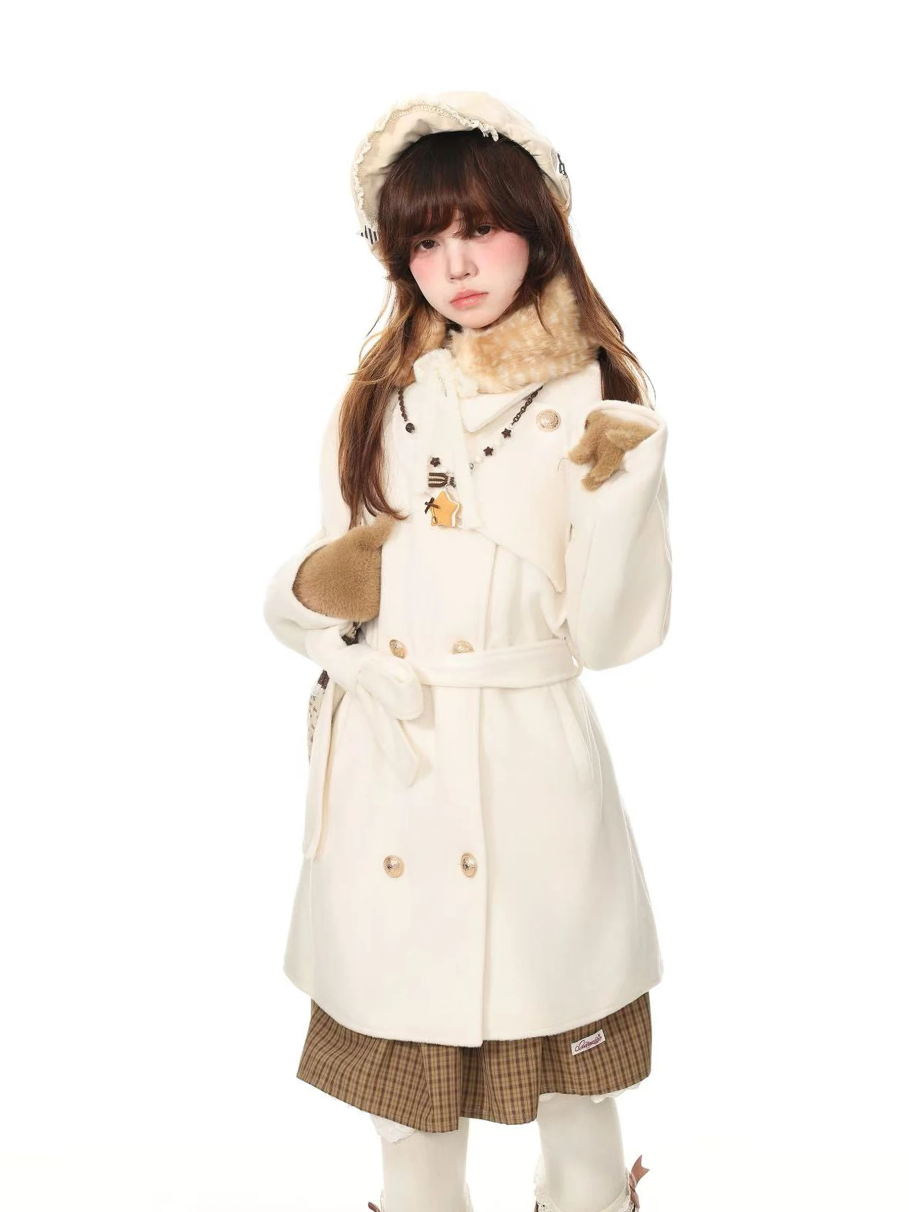 Blue Ghost Park Languid Park Women's Woolen Coat with Bow Belt Design Autumn Outerwear French Style Straight Cut Long Sleeve