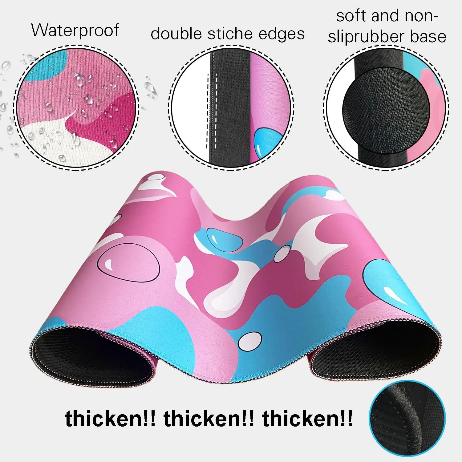 XXL Różowo-biała podkładka pod mysz Bubble Geometryczna gumowa antypoślizgowa szyta krawędź Trwała, zmywalna podkładka pod klawiaturę komputerową odpowiednia dla graczy