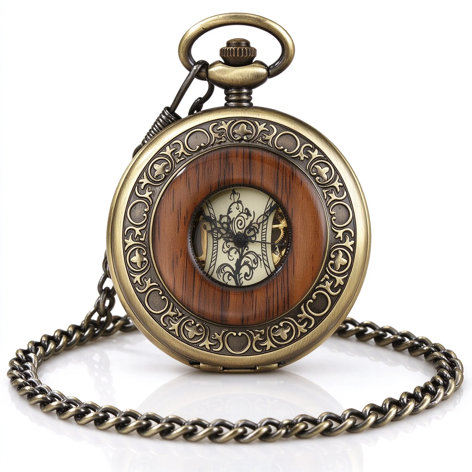 Vintage Bronze Pocket Watch Hand Wind Mechanical Steampunk Skeleton Roman Numeral Dial Antique Engraved Fob Watch with Chain