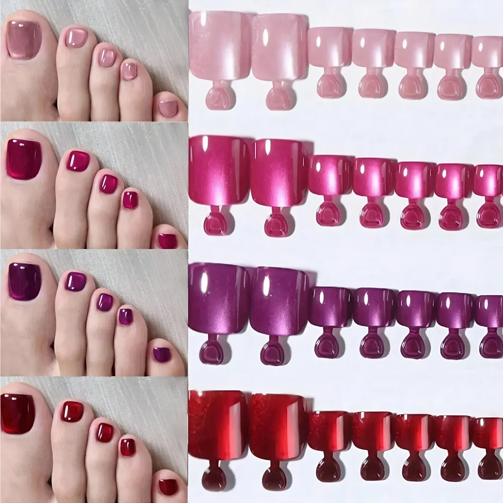 

96 pcs Glitter Cat Eye Press-On Toenails (Pink/Red/Rose/Purple) Short Square Press-on Toenail Full Cover False Toenails for Feet