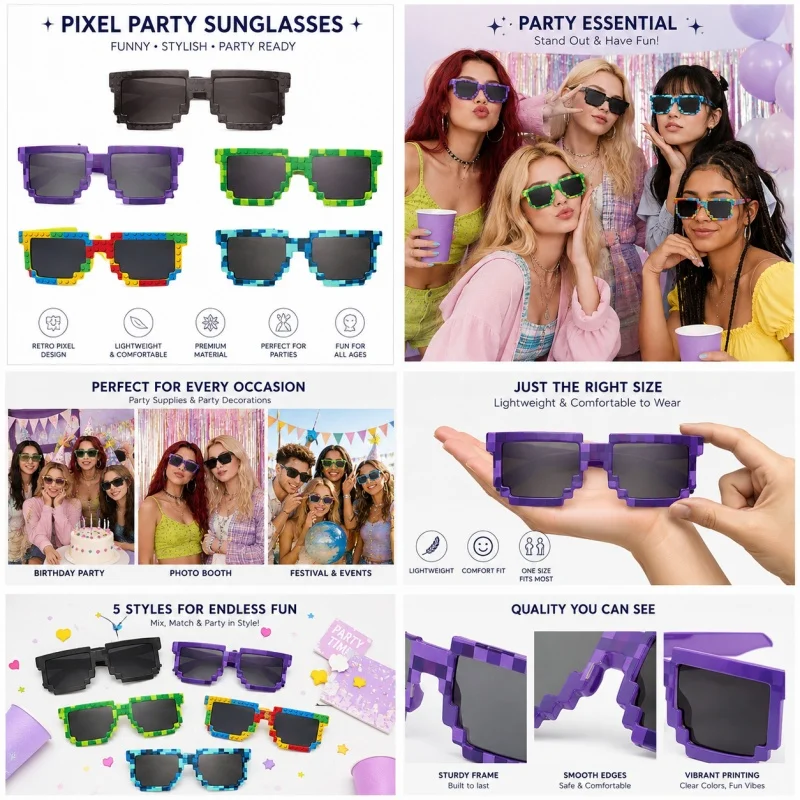 Pixel Mosaic Glasses Birthday Party Decoration Set Essentials Memorable Fun Dress Up Themed Celebration with Quirky Funny Style