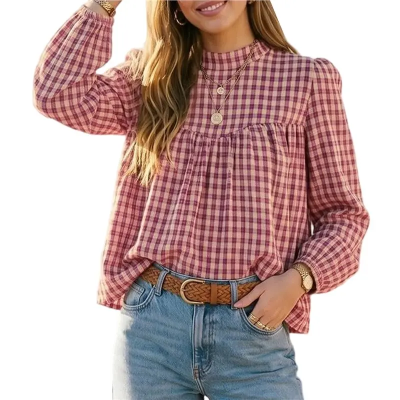 Womens Long Sleeve Gingham Tops Mock Neck Plaid Babydoll Tops Loose Flowy Blouses Shirts Red M Eco-Friendly