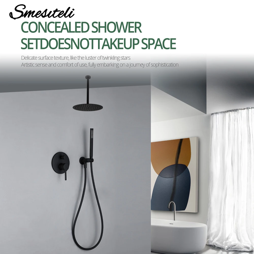 Matte Black Shower Faucet 8-12‘’Rain Shower Head Bathroom Shower Tap Ceiling Arm 2 Mode Switch Mixer Wall Mounted Shower Set