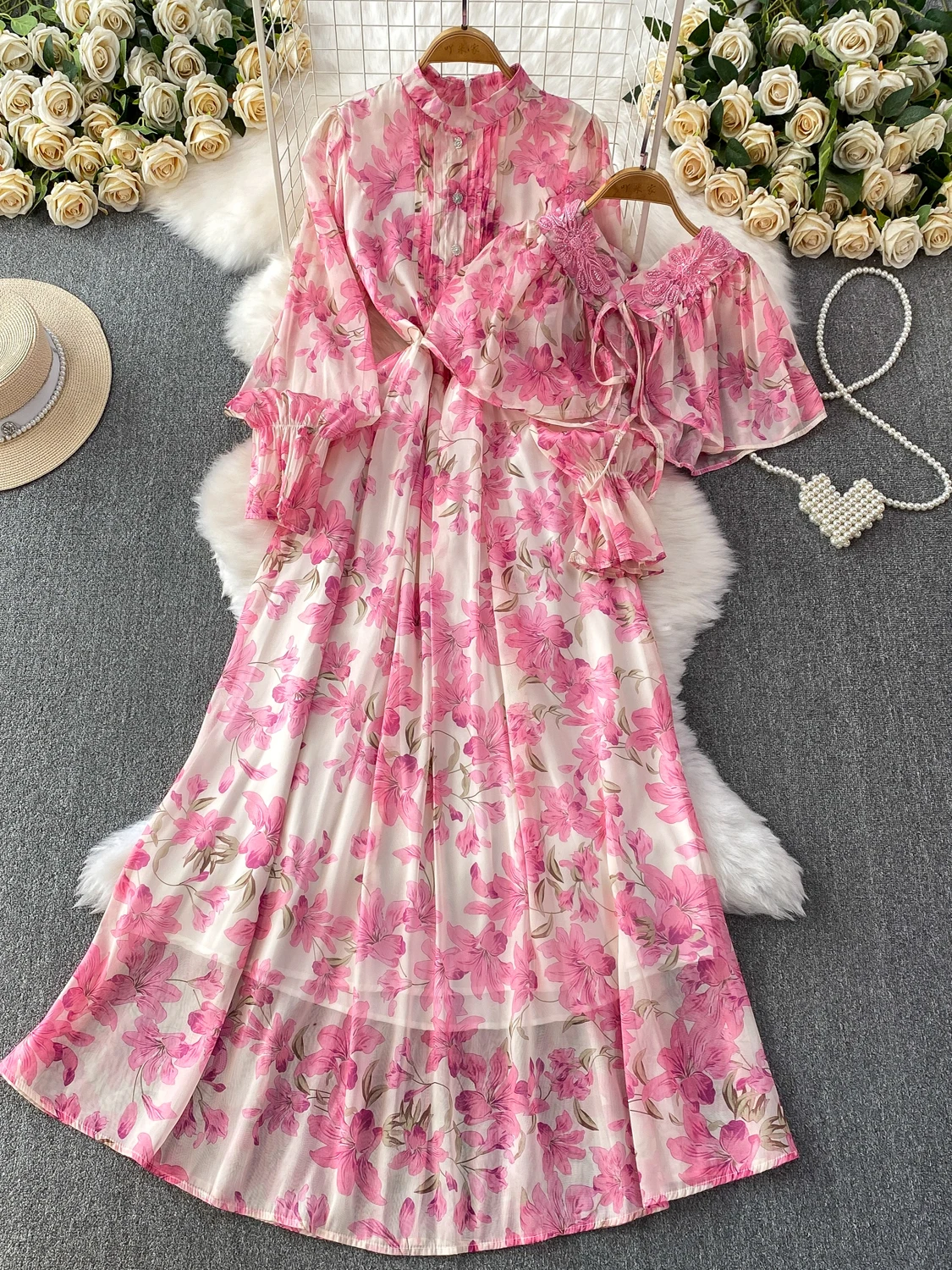 Ele Vintage Court Sle Beaded ow Dr Women's Beautiful Print Full Skirt Stand Collar Long Sve High Waist A-Line D...