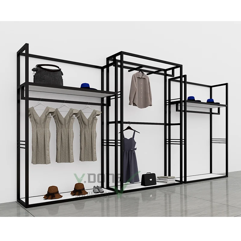 

Customize.Fashion Boutique Wall Mounted Set Clothing Stand Metal Garment Black Display Racks Shelf Retail Clothing Store