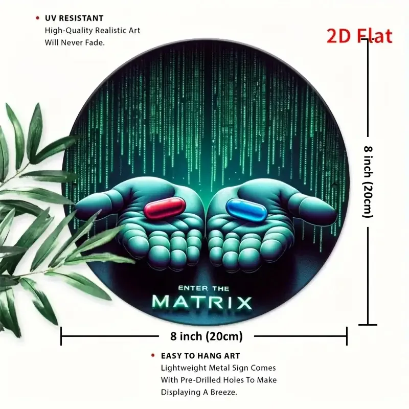 1pc Retro Matrix Movie Inspired Aluminum Wall Art Plaque - 2D Flat Red Pill & Green Digital Rain Design, Rustic Home Decor Sign