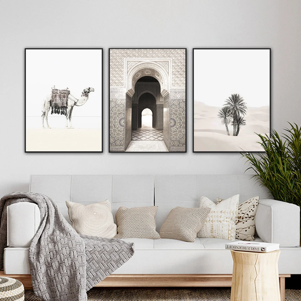 3PCS Frameless Poster Camel Morocco Door Wall Art Palms In Sahara Desert Landscape Canvas Paintings Prints Pictures For Home