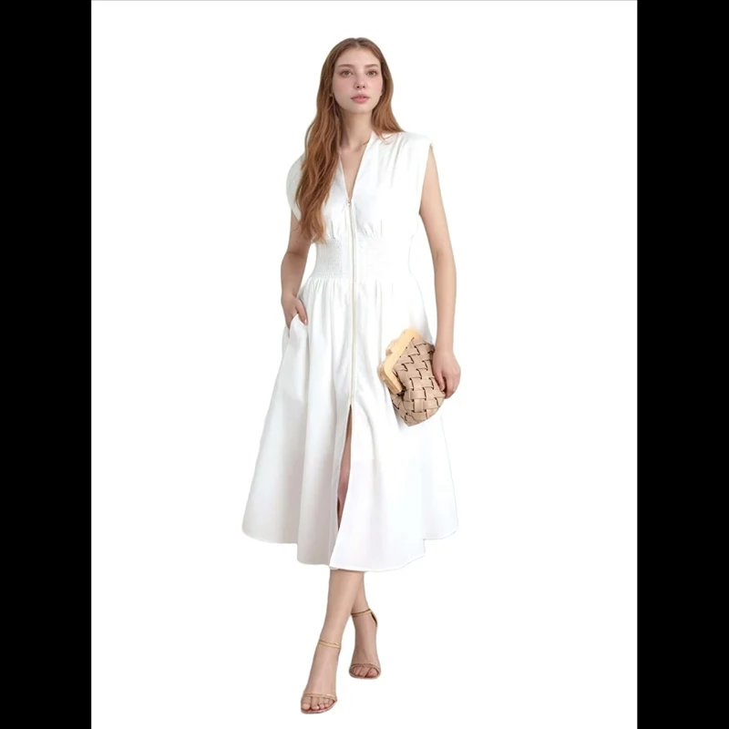 Women's Dress Elegant V Neck Ruched Pleated Zipper Open Front Casual Fashion Party Vacation Beach Summer