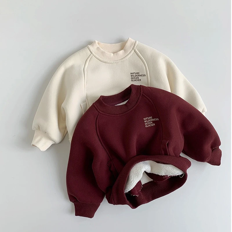 

Kids Winter Sweatshirt 1-6 Years Letters Printed O-neck Boys Fleece Lining Loose Fleece-line Children's Clothes Girls Baby Tops