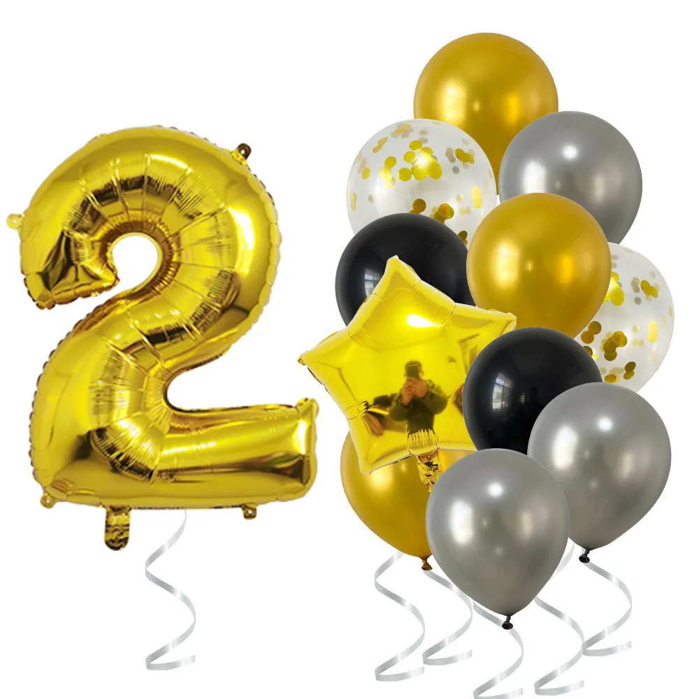 14 Pcs Gold Silver Black Mixed Balloons 1 2 3 4 5 6 7 8 9 Years Old Birthday Party Decoration Kids First Birthday Decor supplies