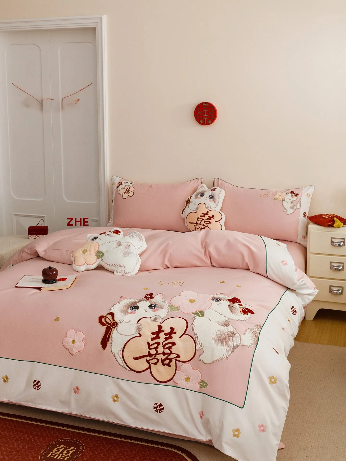 

Pure Cotton Embroidered Wedding Bedding Set Cute Design Western Sle Marriage Celebration 4-Piece New Couple Gift