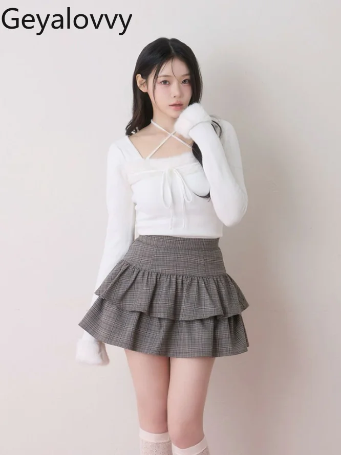 

Fluffy Patchwork Lace-Up Off-Shoulder Sweet Long-Sleeve Pullover Sweater New Autumn Winter Versatile Solid Color Knitted Top