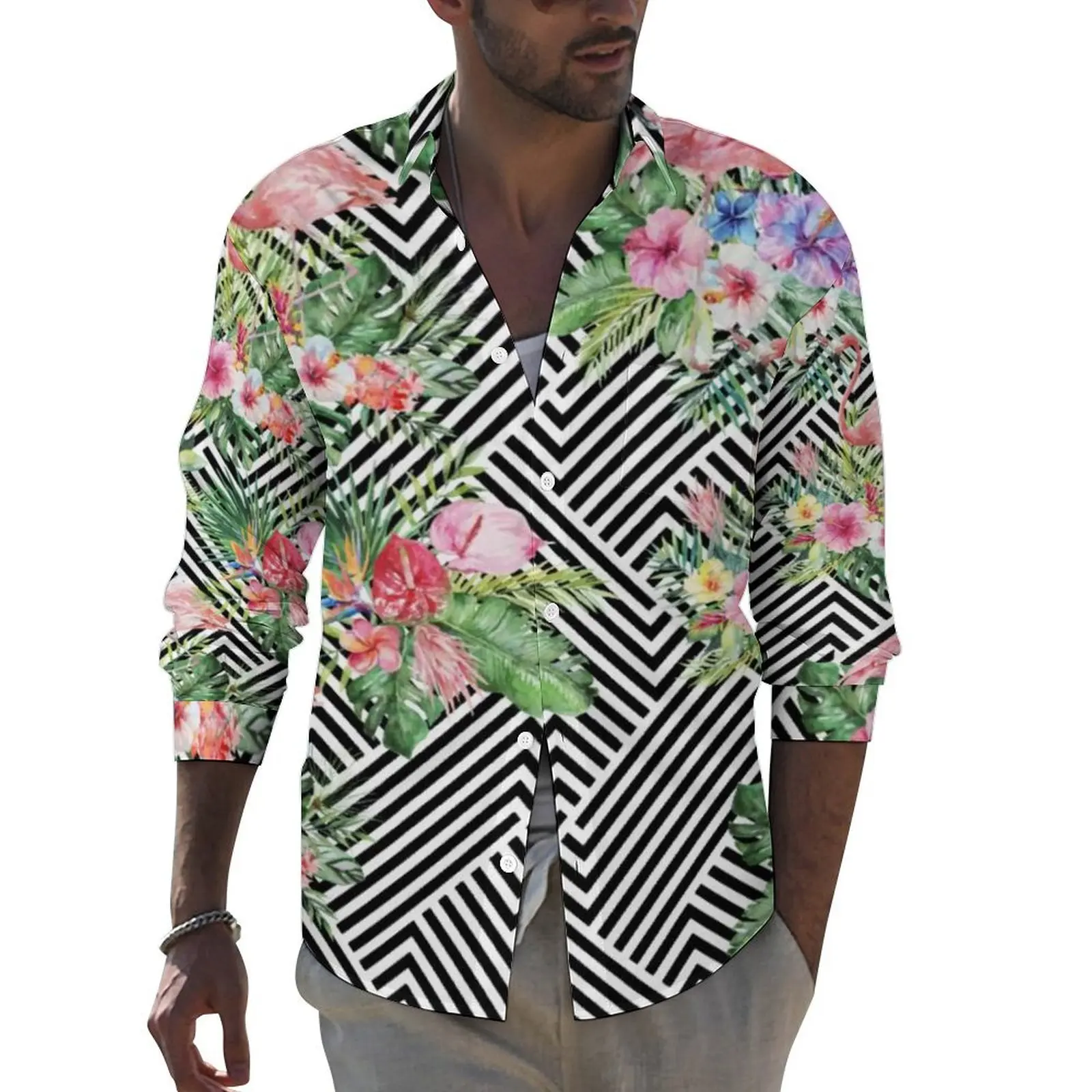 

Tropical Flamingo Casual Shirts Male Geometric Floral Print Shirt Long Sleeve Retro Stylish Blouses Autumn Clothing Plus Size