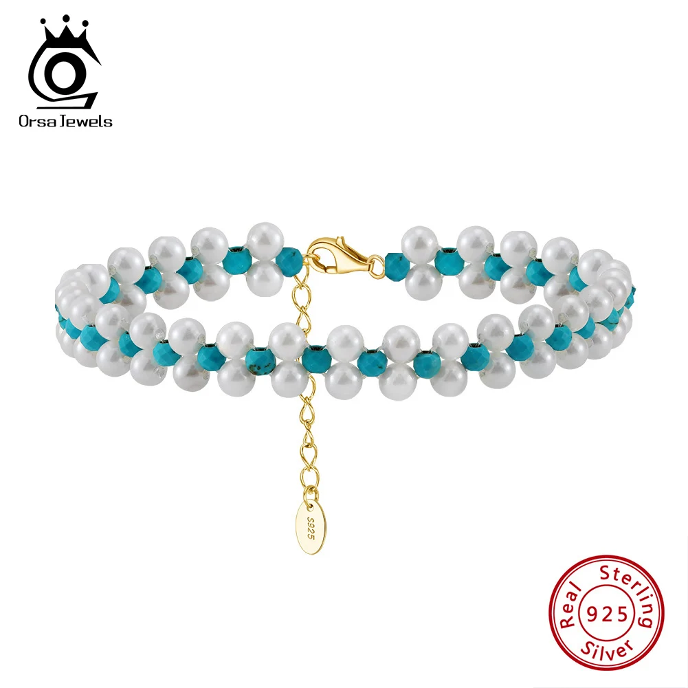 

ORSA JEWELS 3mm Beaded Turquoise Bracelet with 4mm Shell Pearls 925 Sterling Silver 14K Gold Natural Stone Bracelet Female GMB64