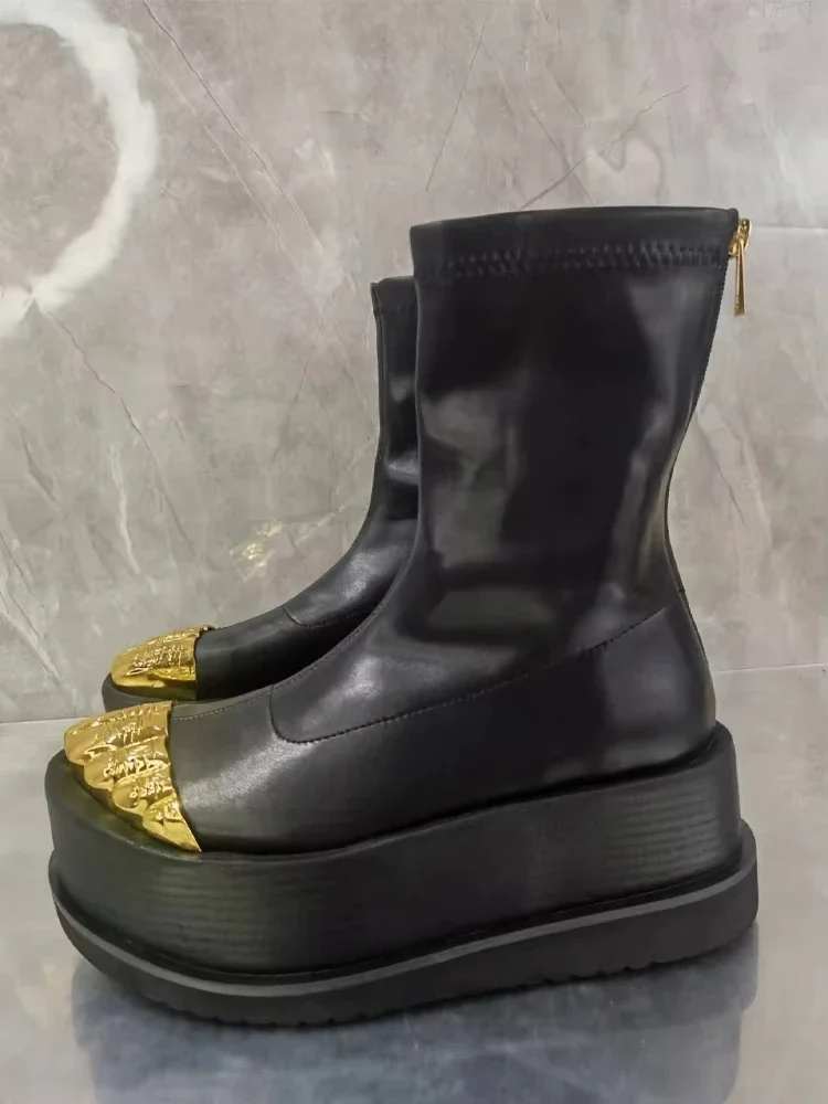 Sepatu Boots Wanita Golden Toe 2025, Model Stretch, Sol Tebal, Resleting, Platform Modern, Sepatu Retro Kulit, Wedge, Lima Jari, Tinggi Betis Sedang