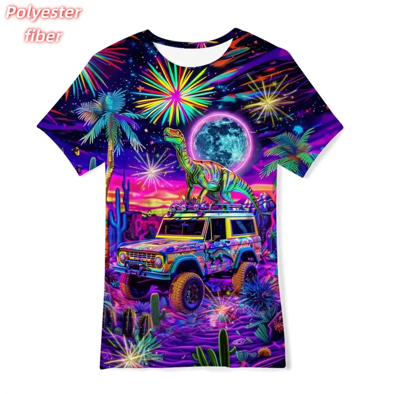 3D Print Car Dinosaur T-Shirt For Men Horse Pizza Pattern Tees Summer Street Casual Short Sleeve Tops Loose Round Neck T Shirts
