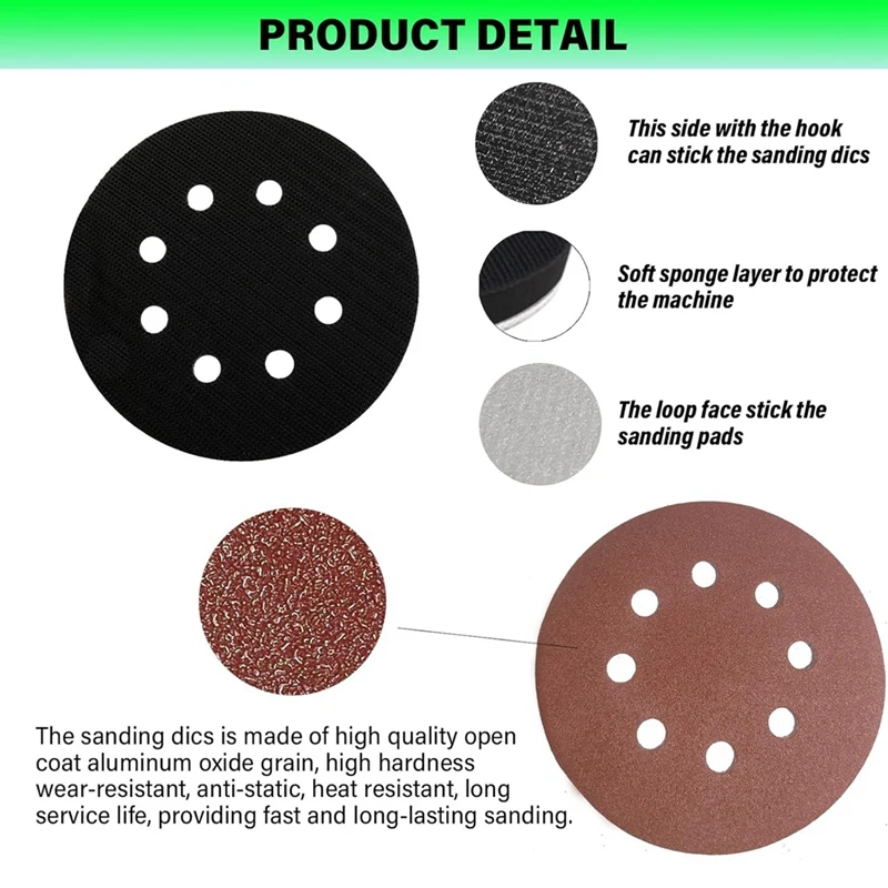 5PCS 5 Inch 8 Holes Foam Sanding Pads For Orbital Sander Hook And Loop Buffer Backed Cushion With 40PCS Sanding Discs Durable