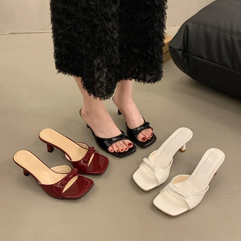 Aphixta Bow Knot Slides Square Toe Summer Shoes 6.5cm Thin Heel Slipper Women Casual Slides Outside Sandals Concise Slipper