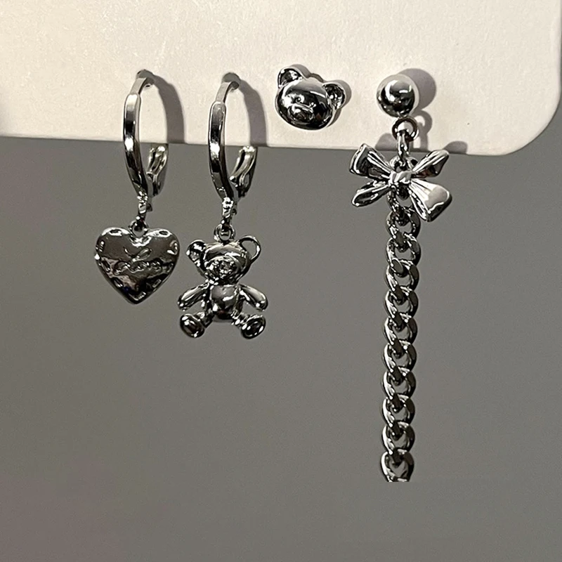 Lover Heart Metal Chain Tassel Cute Bear Earrings Set Punk Grunge Geometric Huggies Hoop Earrings Jewelry Set for Women