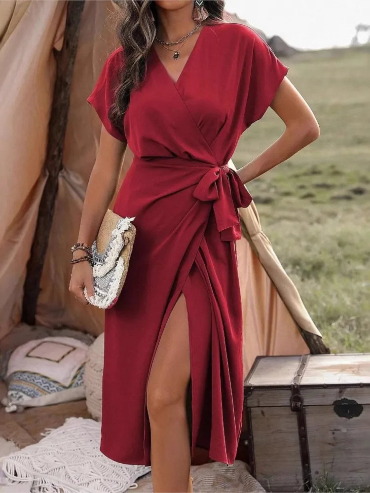 

Summer New Women's Temperament Commuting Simple Elegant Dress Fashion Forged Split Solid Color V-neck Mid-waist Wrap Tie Dresses