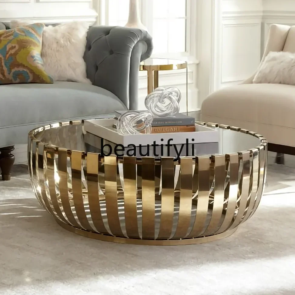 E182 Coffee table round metal coffee table stainless steel vertical strip decorative glass panel electroplated titanium
