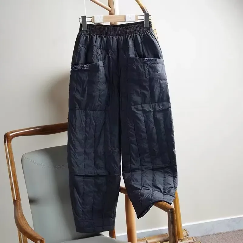 

Autumn Winter New Artistic Floral Patchwork Cotton Pants Women Loose Elastic Waist Big Pocket Female Trousers Womens Clothes