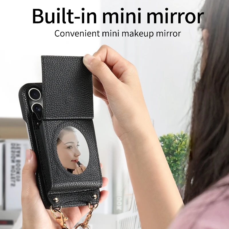 Vertical Flip Card Wallet Case For iPhone 16 15 Pro Max 14 Plus 13 Mini 12 11 SE XR Xs Max 6 7 8 With Mirror and Shoulder Strap