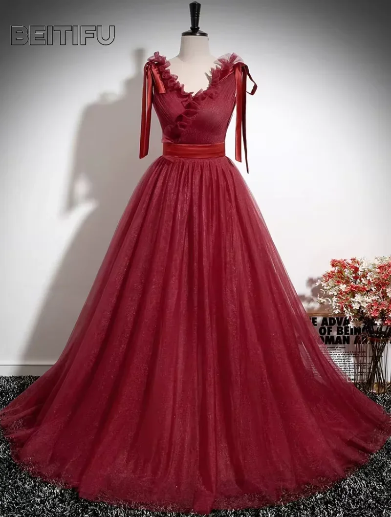 

BeitifuBaby Princess Style Evening Dress for Women V-neck Strapless Sleeveless A-line Skirt Banquet Gown Formal Dresses Vestidos