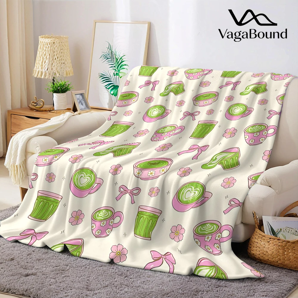 Cream Matcha Lattes Bows Lightweight Flannel Blanket Breathable Cozy Throw Blanket for Spring Summer Sofa Bed Air Conditioning