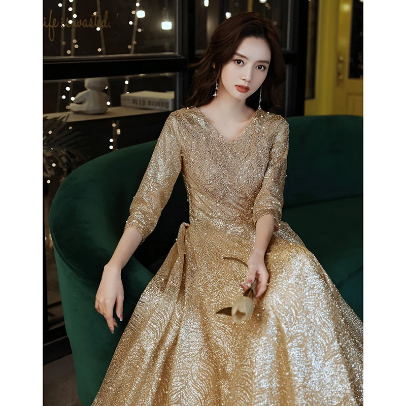 Gold Glitter Prom Dresses 2023 Luxury Appliques Beaded Lace Women Long Evening Gowns With Sleeves