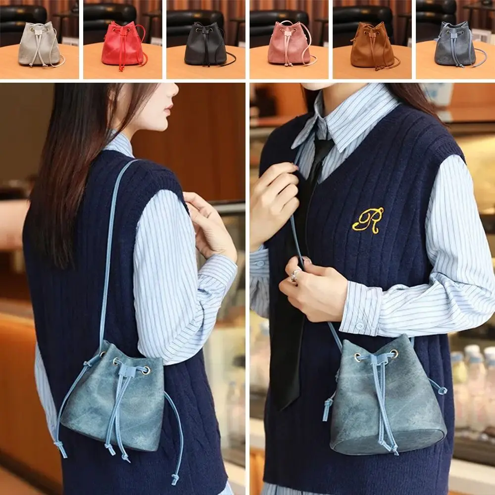 1Pcs New PU Leather Drawstring Bucket Bag Casual Urban Minimalist Style Shoulder Bag Small Crossbody Bag for Women