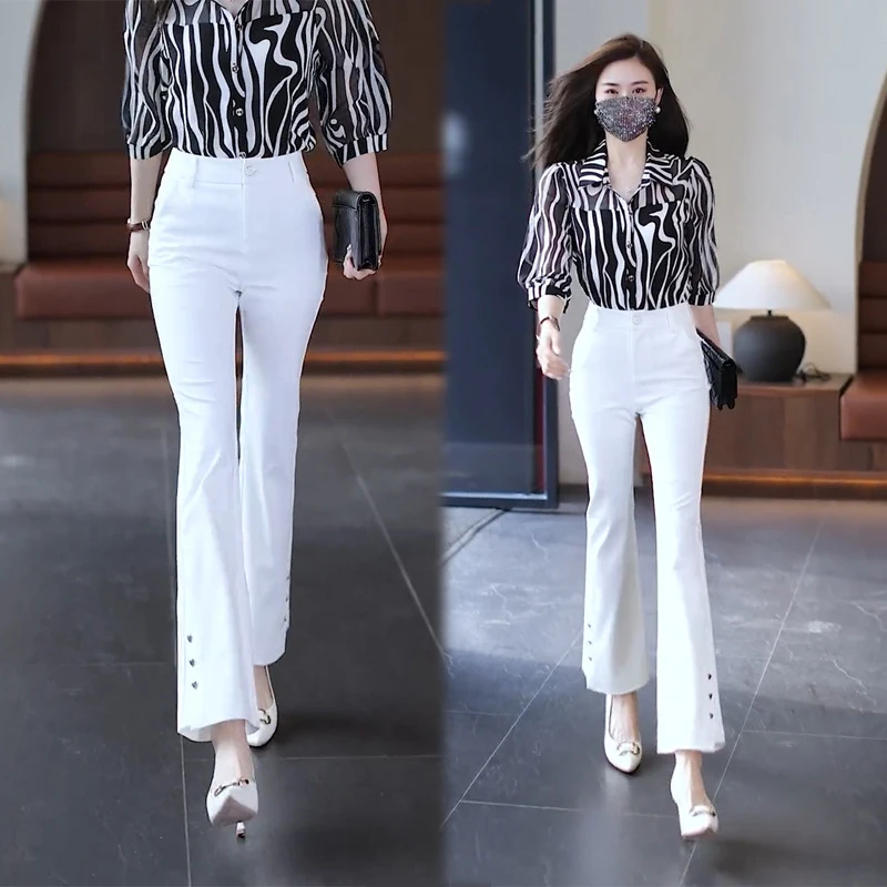 

White women's summer thin flared pants2023New front-slit irregular nine-point slim-fit elastic high-waisted flared pants