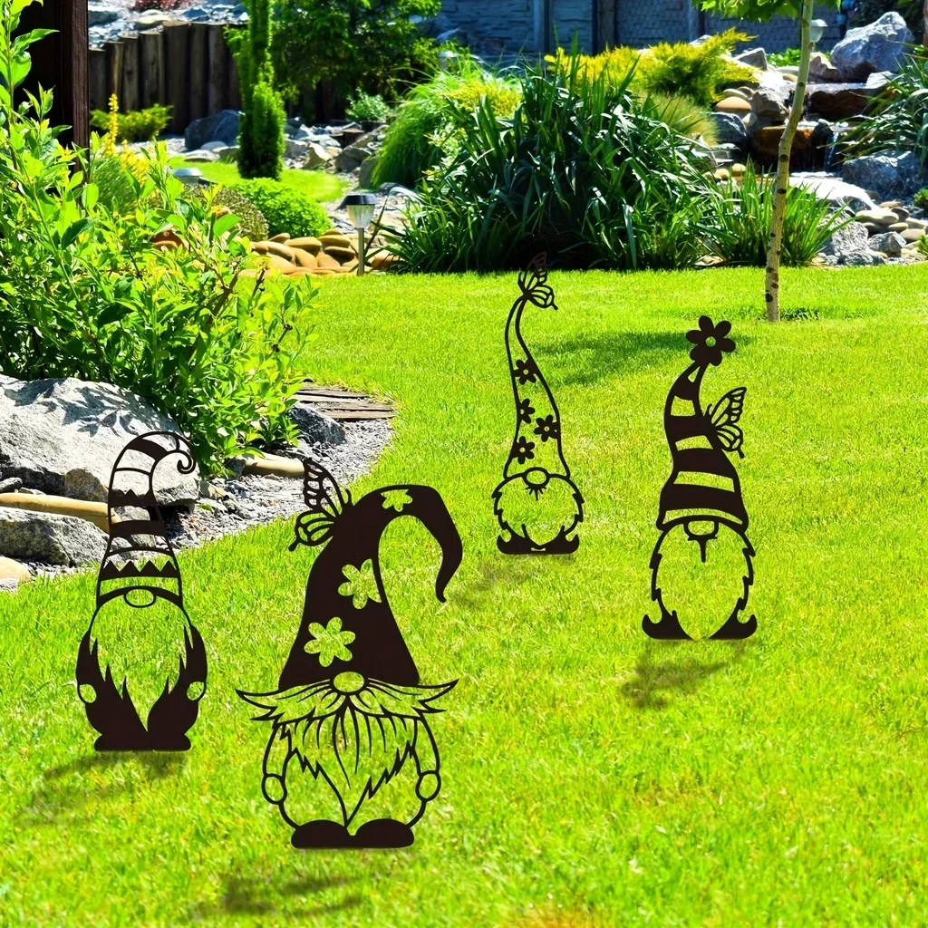 /4pcs Garden Gnomes Garden Decoration Yard Decor Garden Stakes Decorative Hollow Out Silhouette Metal Yard Decor Outdoor Home De