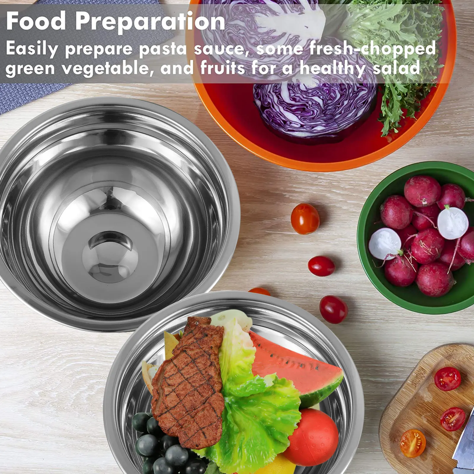 

2pcs Stainless Steel Salad Deep Rustproof Mixing Bowl for Egg Pasta Salad Kitchen Storage Thick Bowl Set Nesting Design No
