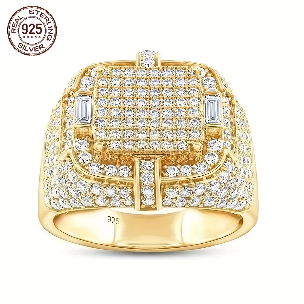 

Модные позолоченные кольца-багет из стерлингового серебра 925 пробы 18 карат для мужчин, геометрические ослепительные кольца с цирконом 5А в стиле хип-хоп, мужские ювелирные изделия