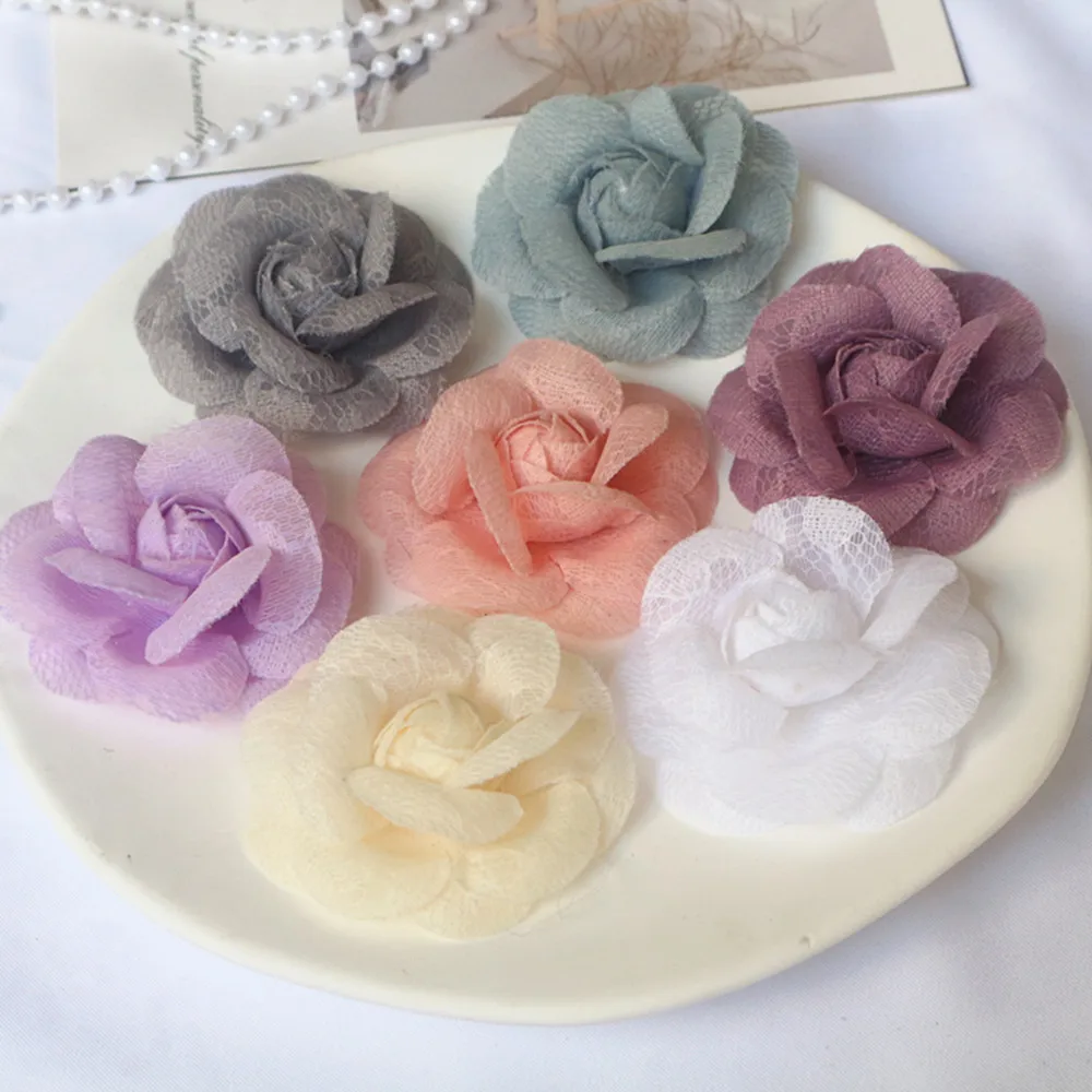 5PCS 5,5 CM Handgemachte Spitze Stoff Kamelie Rose Blume Kopfbedeckung Hut Kleid Kleidung Dekoration Haar Zubehör Brosche DIY material – Detail 5