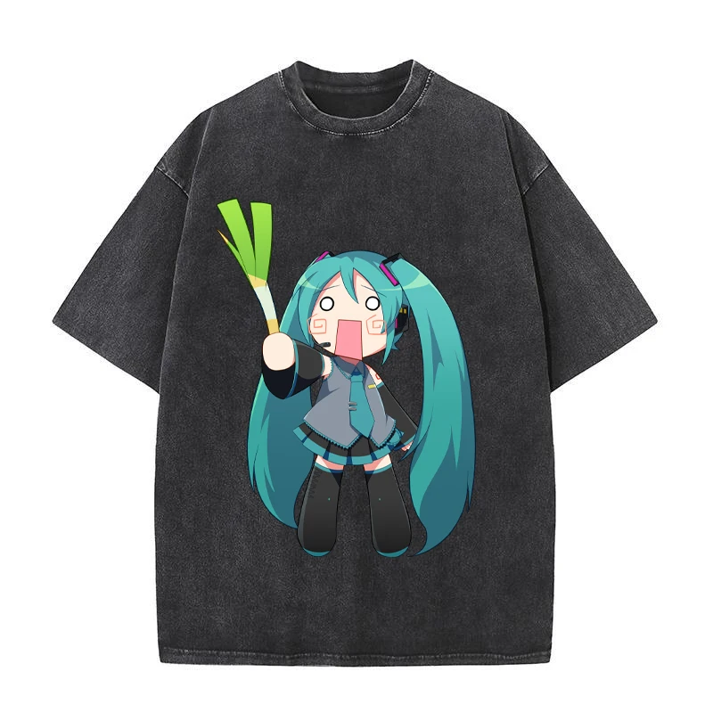 FuFu Hatsune Miku Anime Figure Short Sleeve Couple Men\'s and Women\'s Retro Washed Casual Fashion Pure Cotton T-shirt Gifts