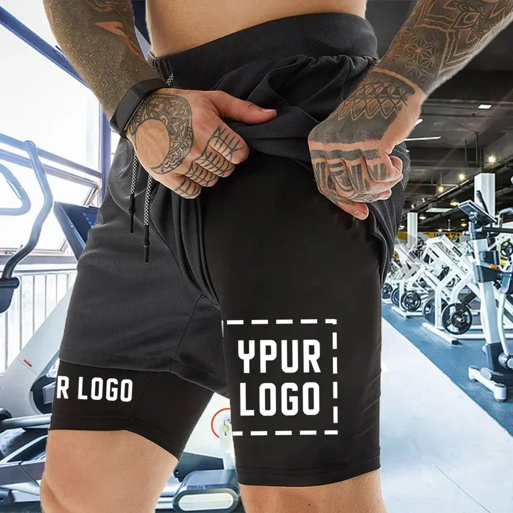Benutzerdefinierte Kompressionsshorts für Herren, Fitnessstudio, Sporthose, Ihr Logo, Fitness-Sportbekleidung, personalisierte doppellagige, schnell trocknende Sportshorts – Detail 4
