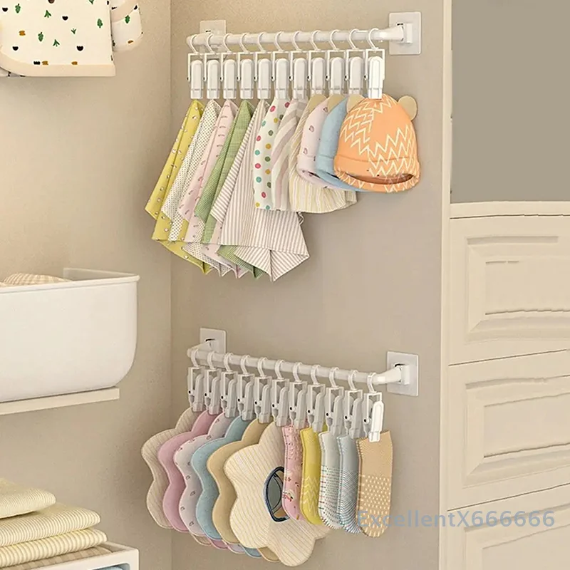 

White Kids Wardrobe Hanging Rod Punch-free Wall Mounted Hat Storage Rack With Clips Plastic Baby Saliva Towel Hook For Home