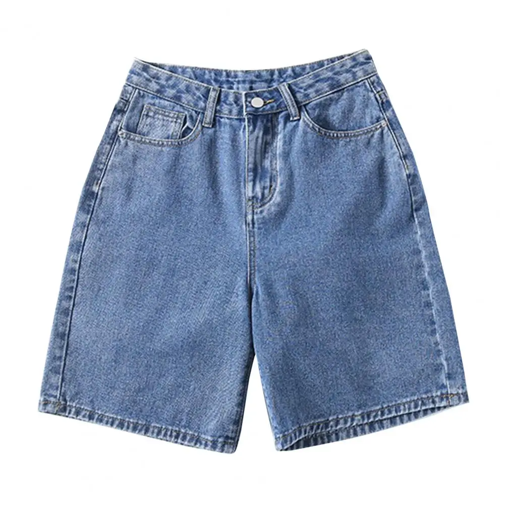 Short en denim vintage pour femme, jean court d'été, poches réglables à la taille, longueur genou, jean trapèze avec fermeture à glissière