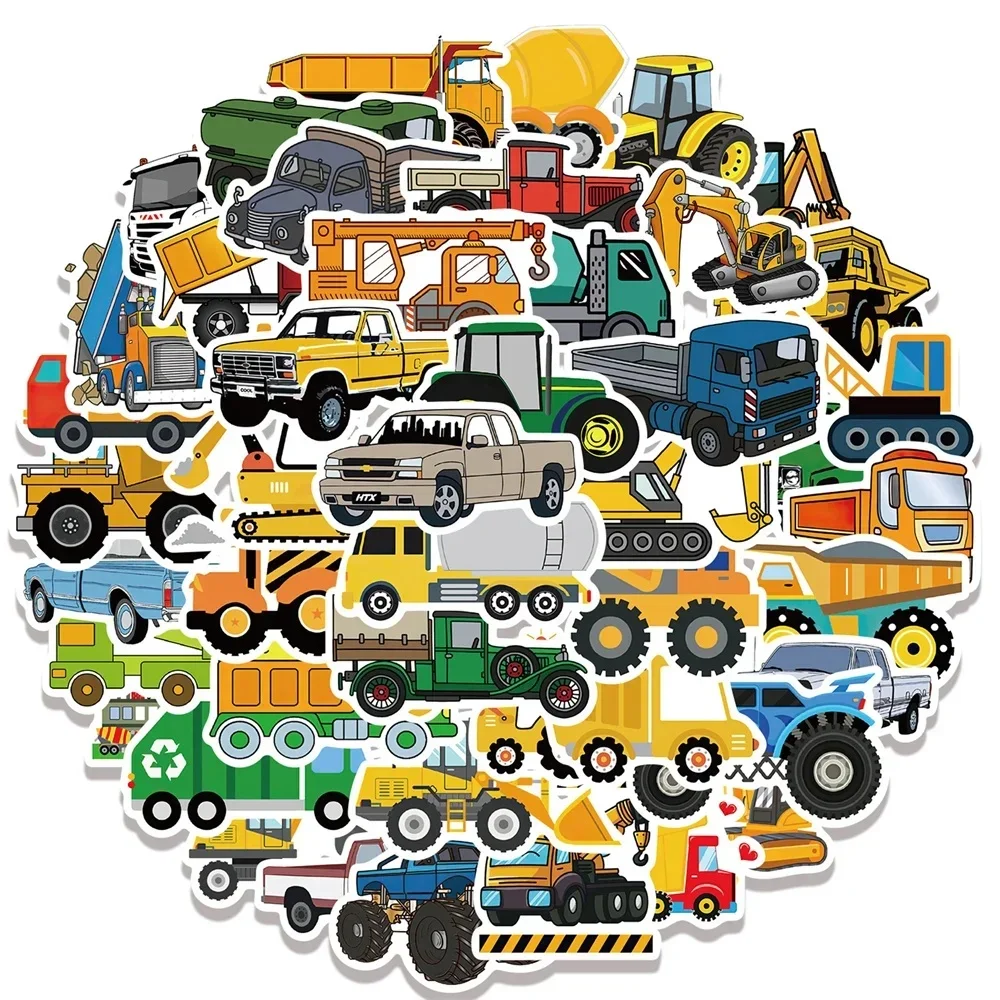 50PCS Cartoon Construction Car Cute Stickers Graffiti Toy Bags Laptop Ipad Cup Notebook  Car Decorative Stickers