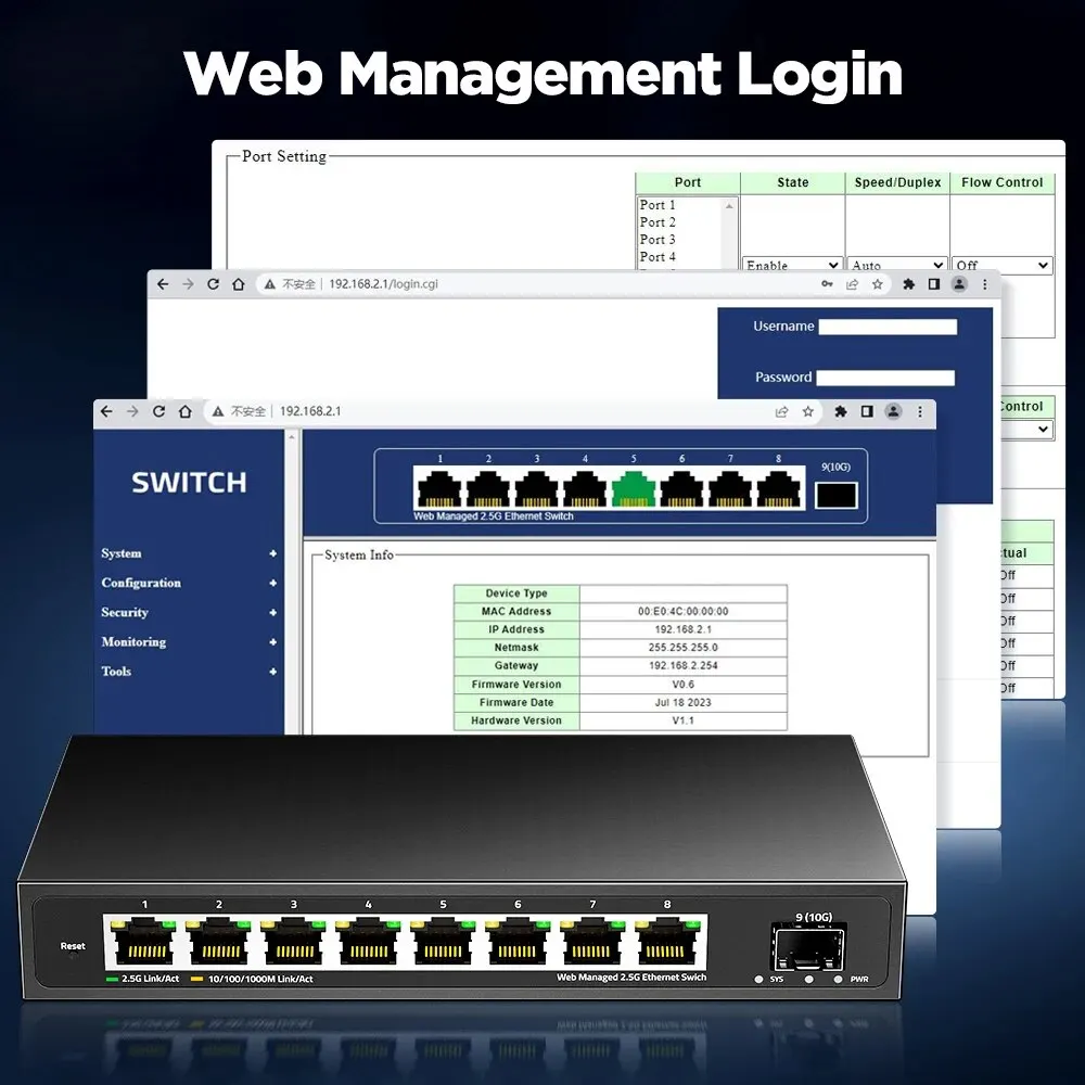 AMPCOM 2.5gbe เราเตอร์สวิตช์เครือข่าย8พอร์ต2.5 GBASE-T 10G SFP + สล็อตอัปลิงค์เว็บจัดการ QOS VLAN LACP fanless